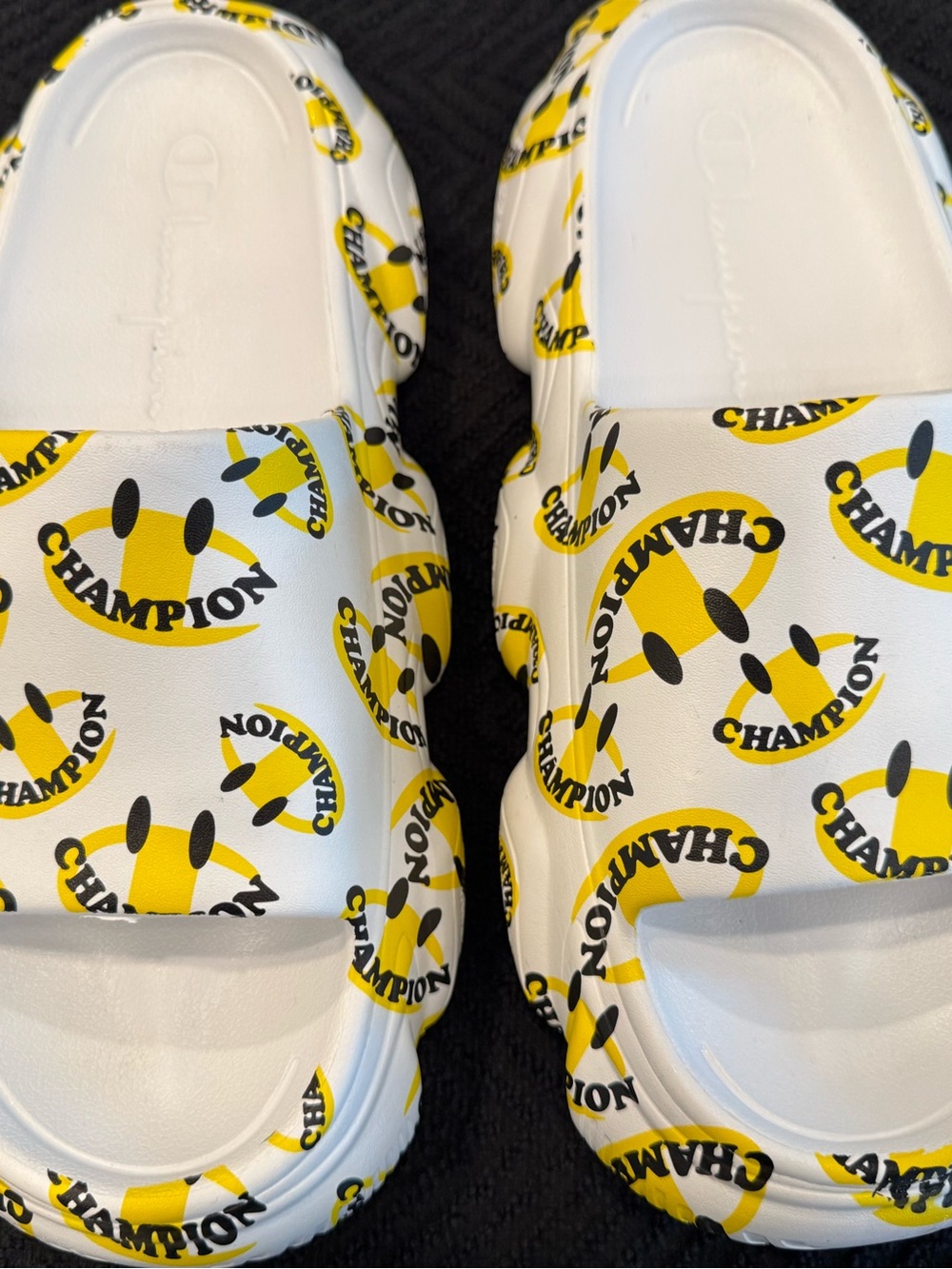Champion Meloso Squish Smile White & Yellow Logo Slide Sandals - Women 9/Men 7.5